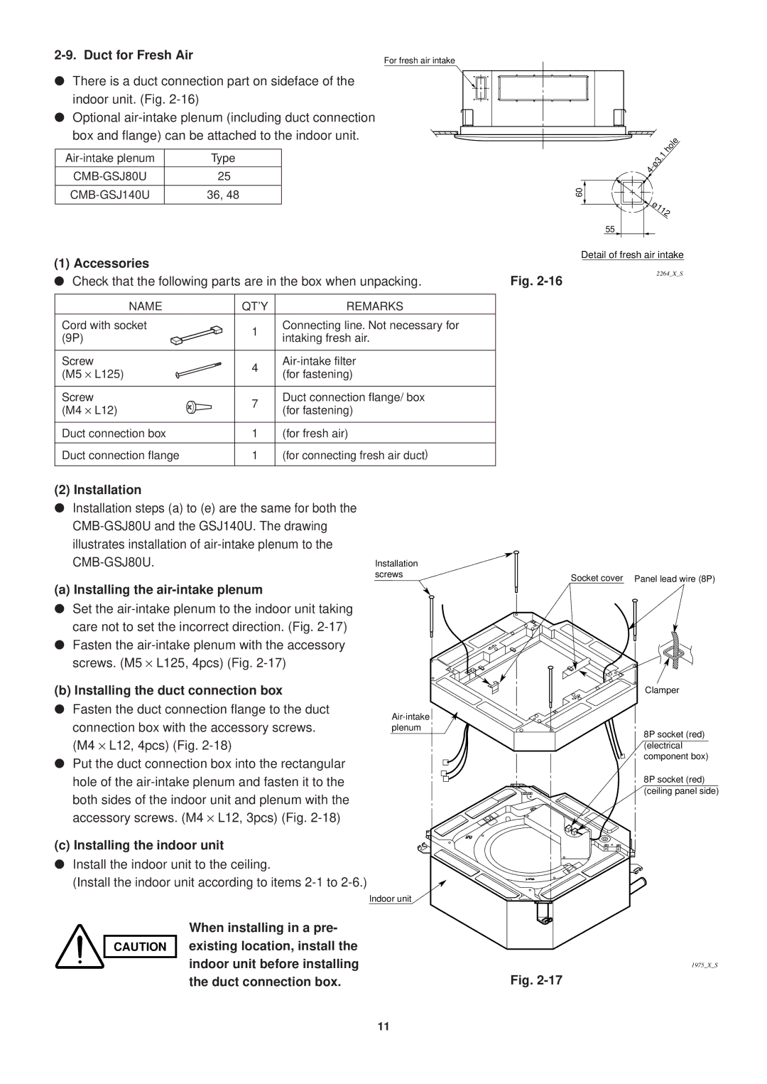 Sanyo SPW-XR254EH56 operation manual Duct for Fresh Air, Accessories, Installation, Installing the air-intake plenum 