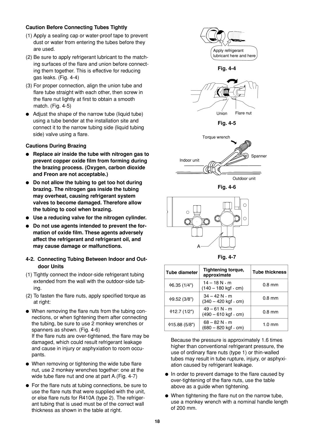 Sanyo SPW-XR254EH56 operation manual Tube diameter Tightening torque Tube thickness Approximate, · cm 140 180 kgf Φ9.52 3/8 