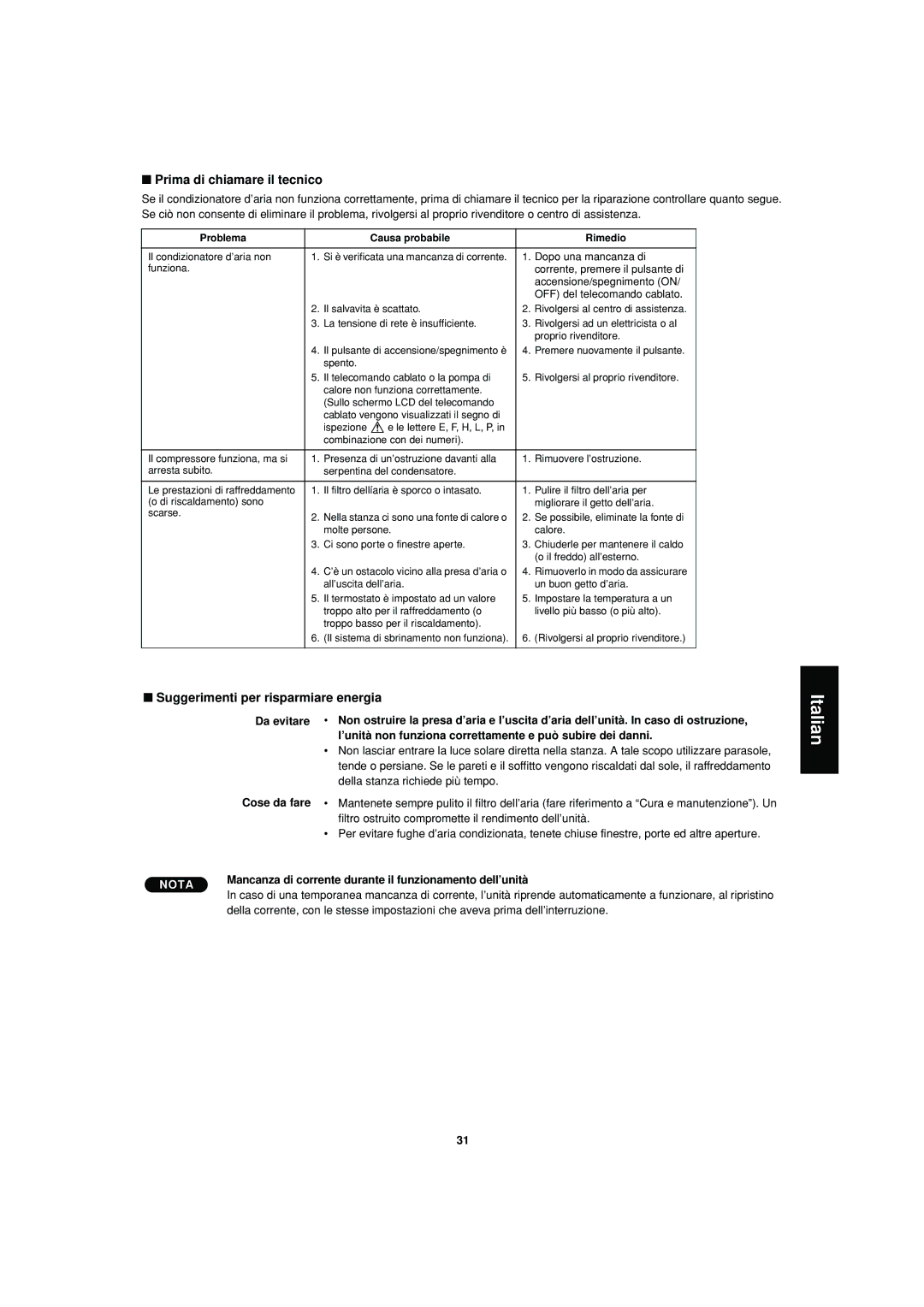 Sanyo SPW-XR254EH56 operation manual Prima di chiamare il tecnico, Suggerimenti per risparmiare energia 