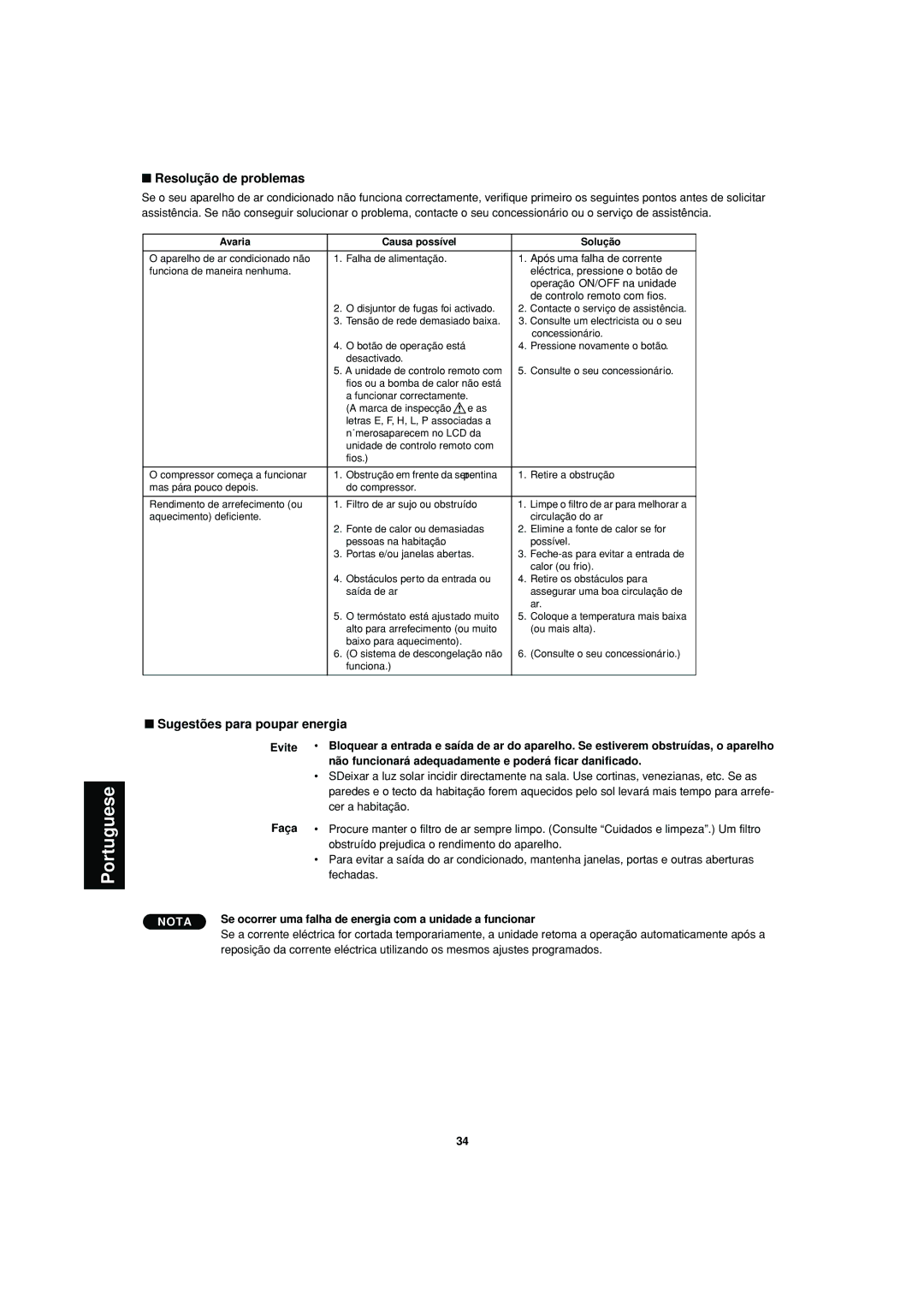 Sanyo SPW-XR254EH56 operation manual Resolução de problemas, Sugestões para poupar energia 