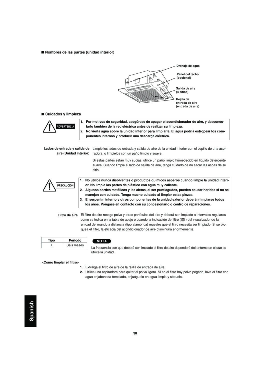 Sanyo SPW-XR254EH56 operation manual Nombres de las partes unidad interior, Cuidados y limpieza, Cómo limpiar el filtro 