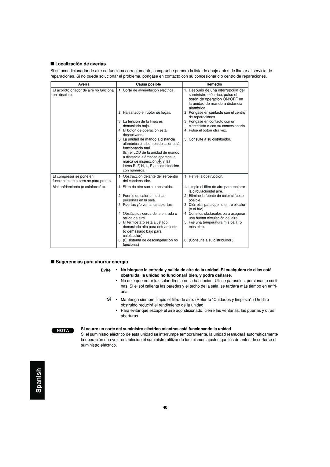 Sanyo SPW-XR254EH56 operation manual Localización de averías, Sugerencias para ahorrar energía 