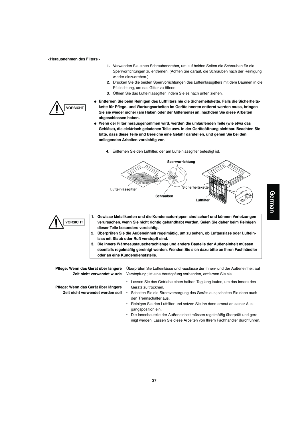 Sanyo SPW-XR254EH56 operation manual German, Herausnehmen des Filters 
