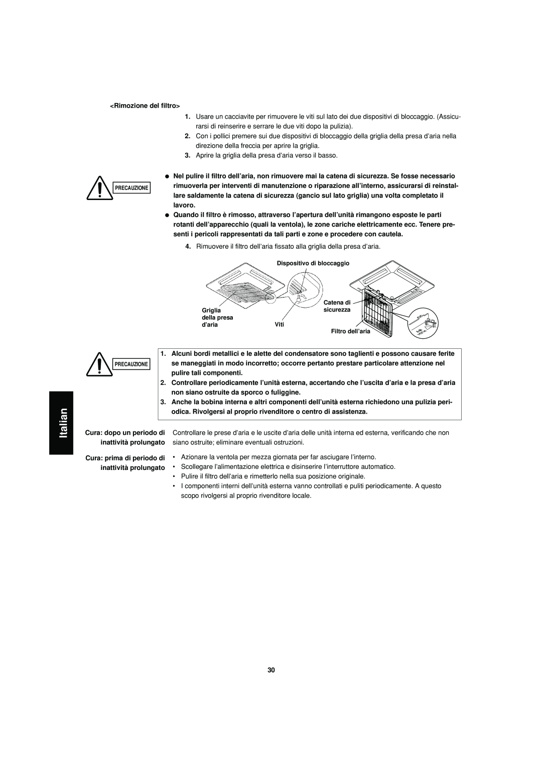 Sanyo SPW-XR254EH56 operation manual Italian, Rimozione del filtro 