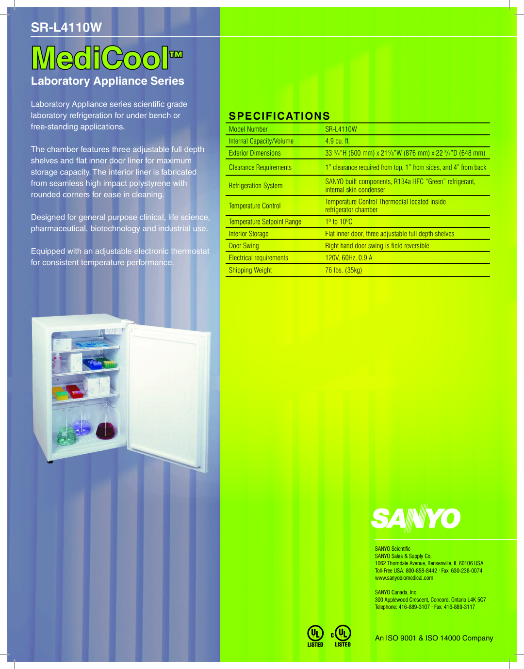 Sanyo SR-L4110W manual MediCool, Laboratory Appliance Series, Specifications 