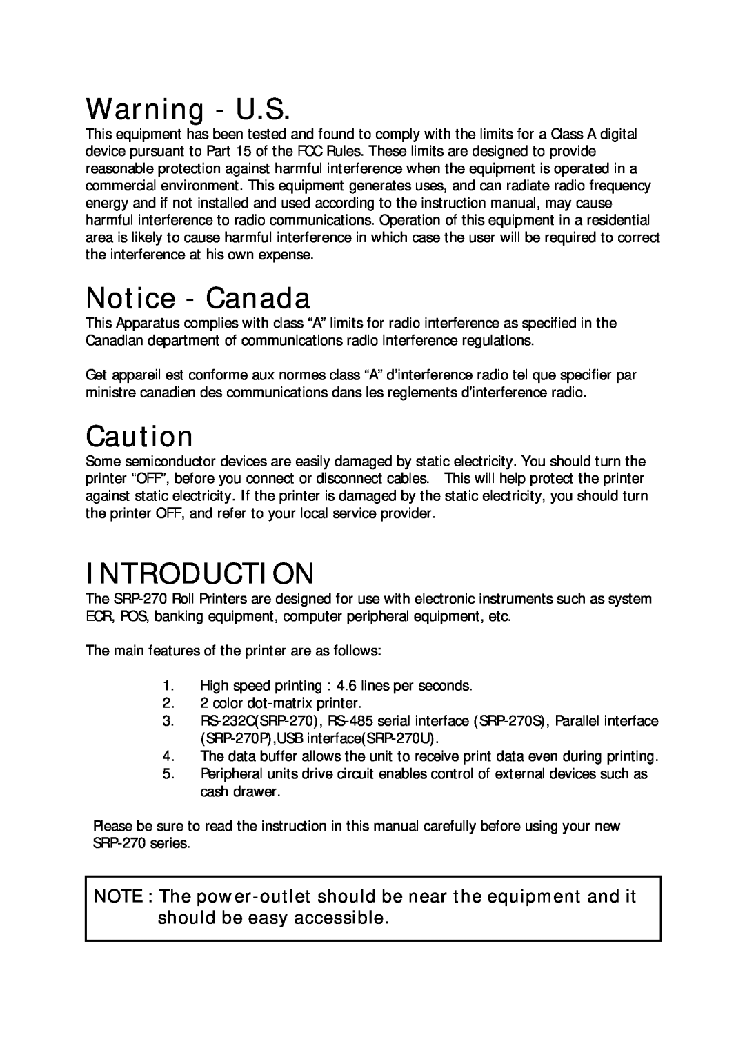 Sanyo SRP-270 specifications Warning - U.S, Notice - Canada, Introduction 