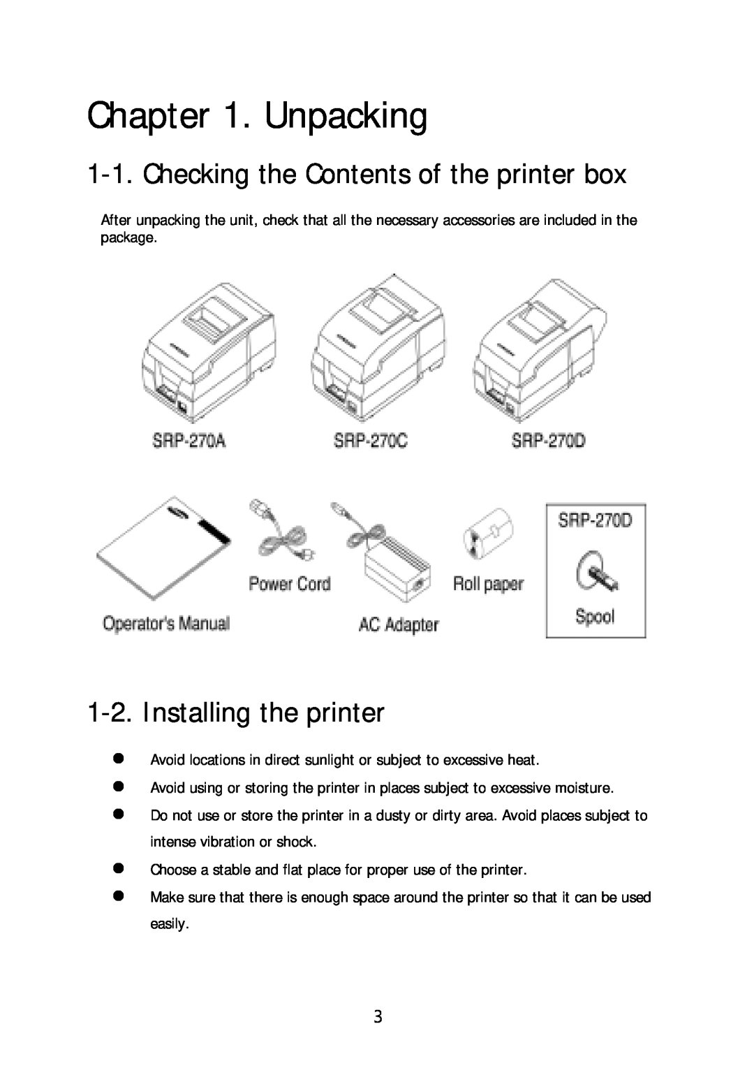 Sanyo SRP-270 specifications Unpacking, Checking the Contents of the printer box, Installing the printer 