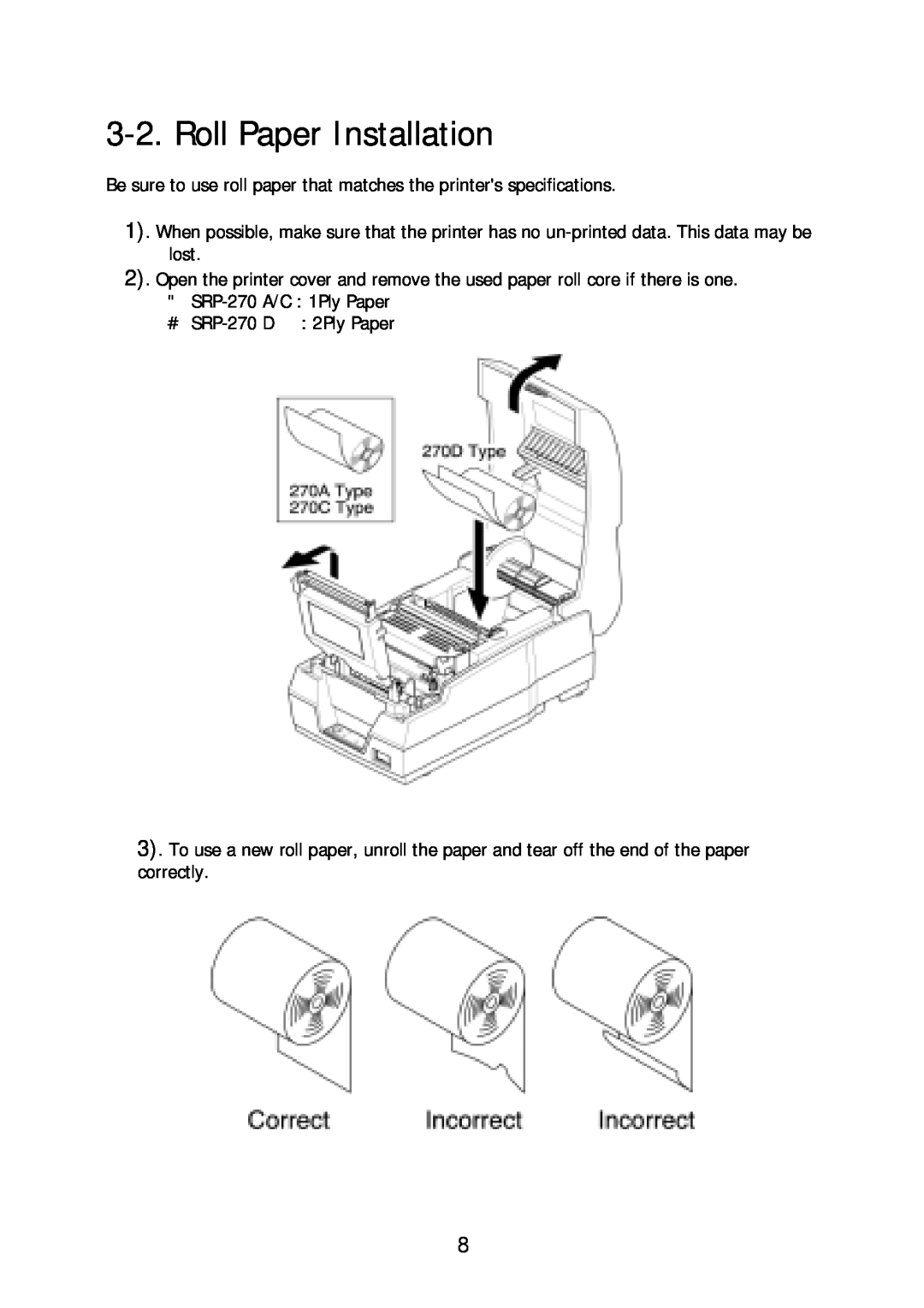 Sanyo SRP-270 specifications Roll Paper Installation 