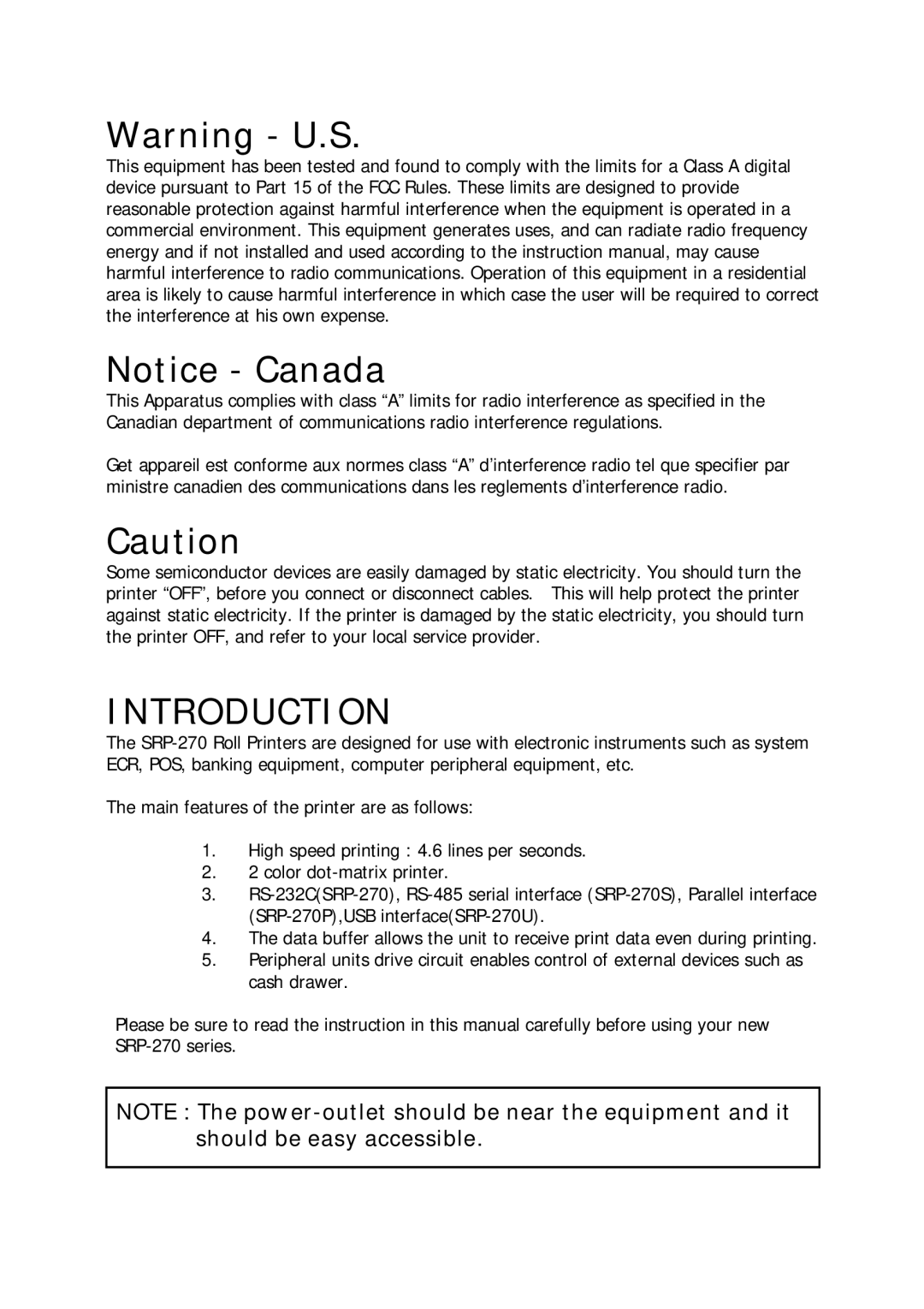 Sanyo SRP-270 specifications Introduction 