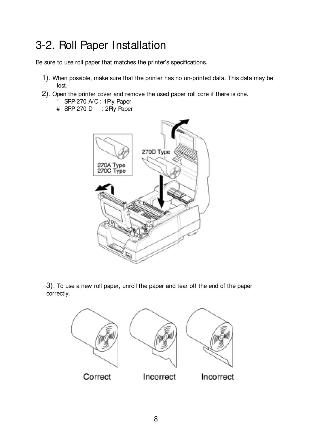 Sanyo SRP-270 specifications Roll Paper Installation 