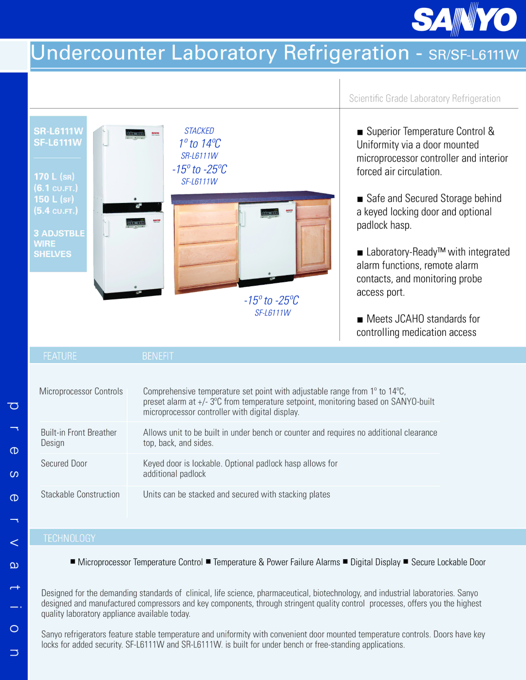 Sanyo manual Undercounter Laboratory Refrigeration SR/SF-L6111W 