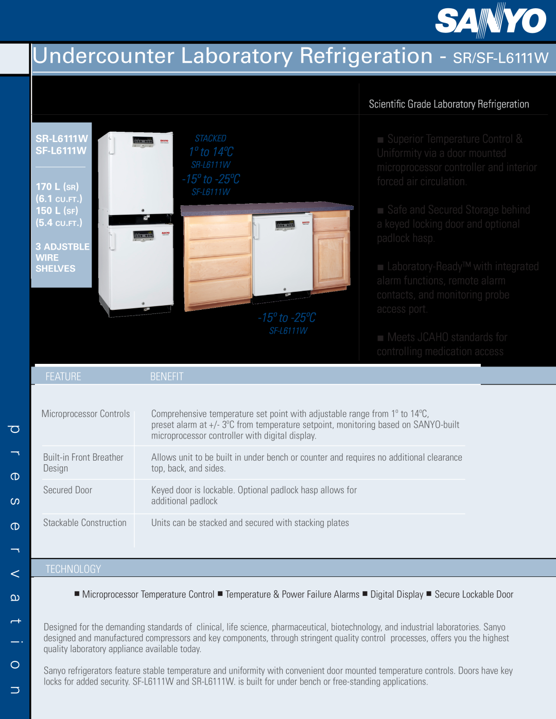 Sanyo manual p r e s e r v a t i o n, Undercounter Laboratory Refrigeration - SR/SF-L6111W, 15º to -25ºC 