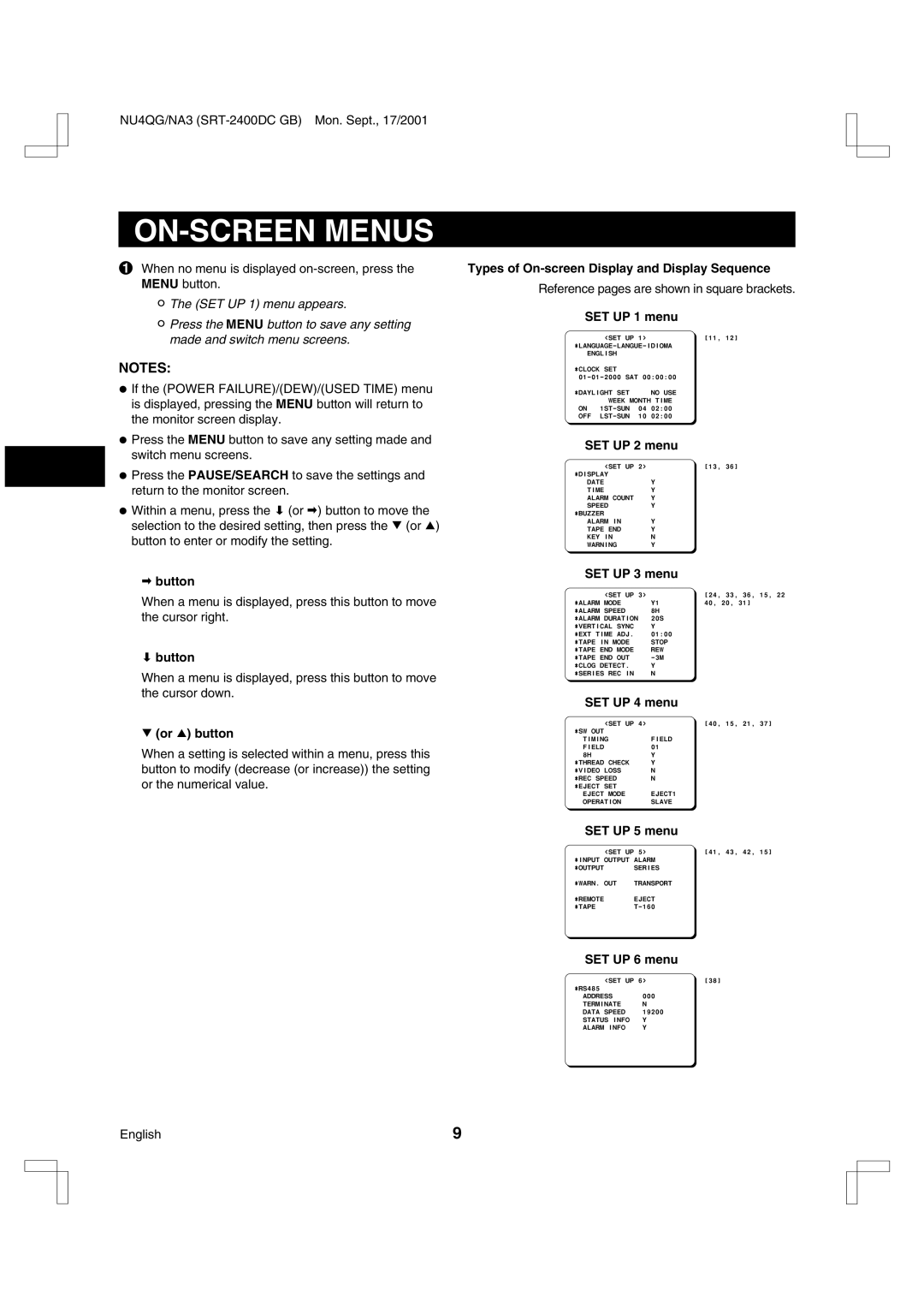 Sanyo SRT-2400DC instruction manual ON-SCREEN Menus 