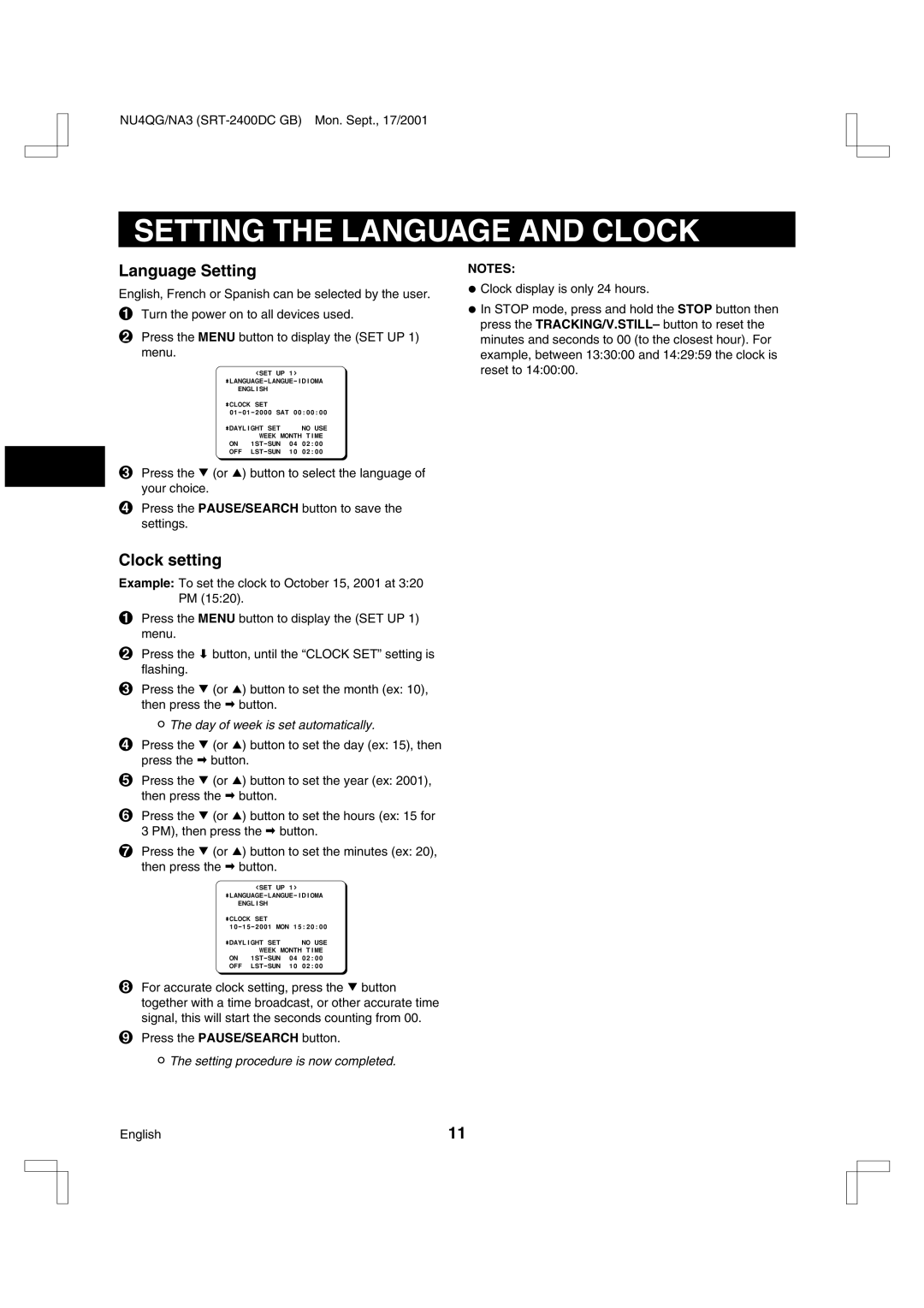 Sanyo SRT-2400DC Setting the Language and Clock, Language Setting, Clock setting, Day of week is set automatically 