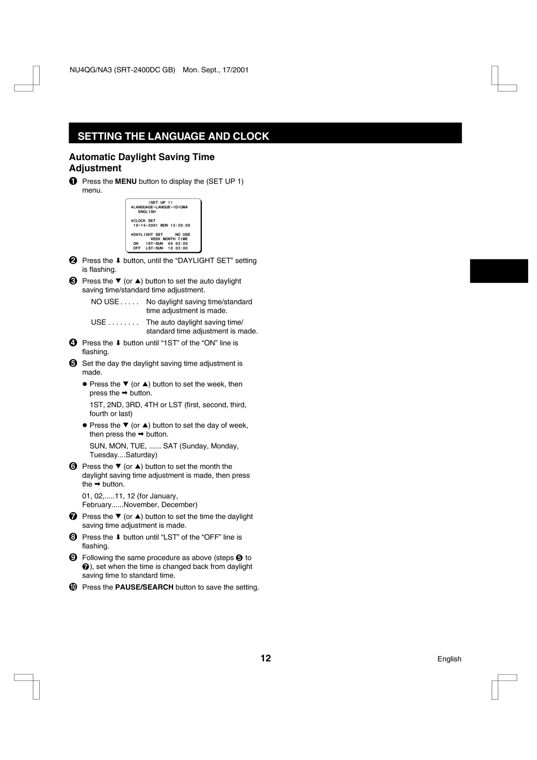 Sanyo SRT-2400DC instruction manual Setting the Language and Clock, Automatic Daylight Saving Time Adjustment 