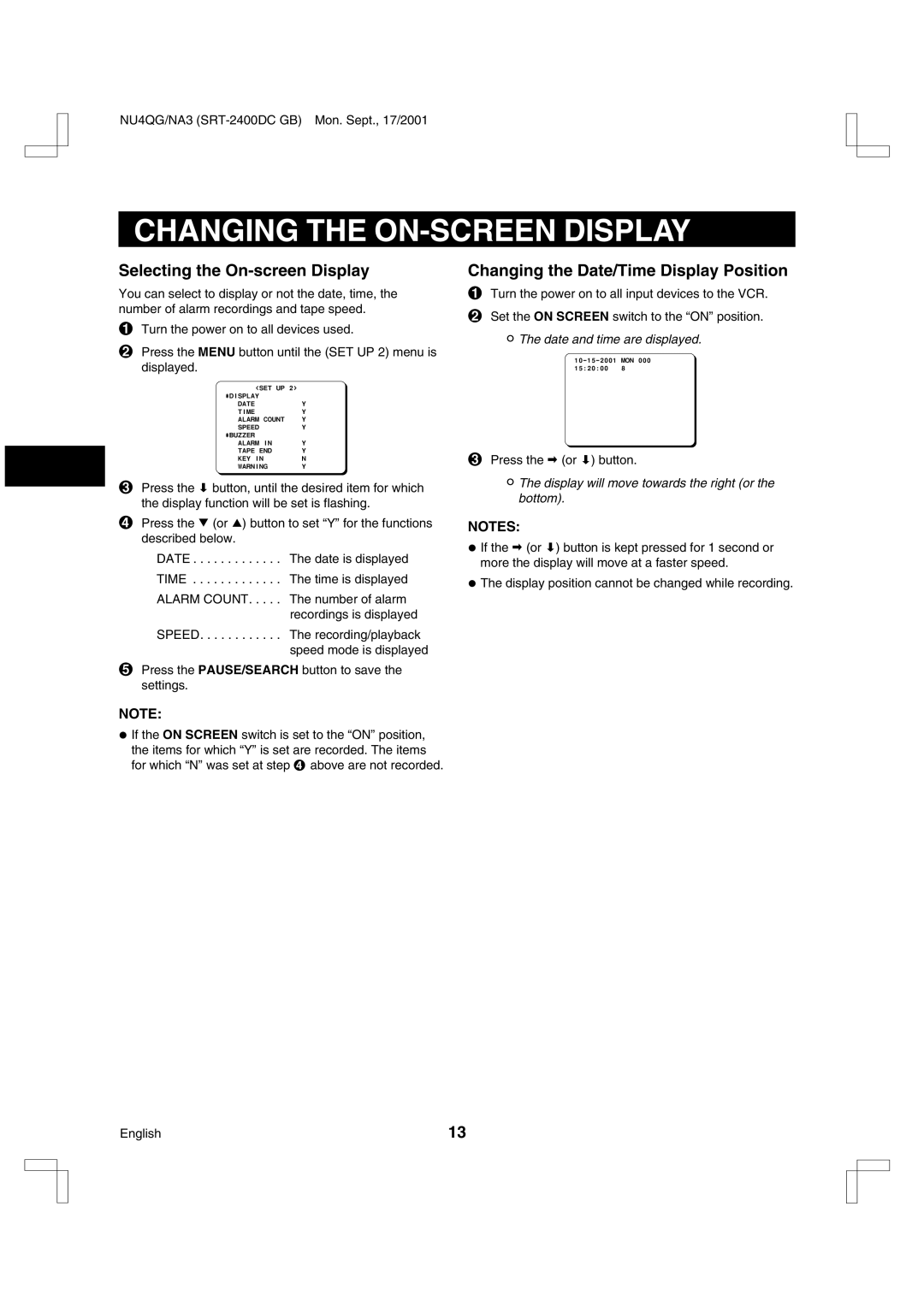 Sanyo SRT-2400DC Changing the ON-SCREEN Display, Selecting the On-screen Display, Changing the Date/Time Display Position 