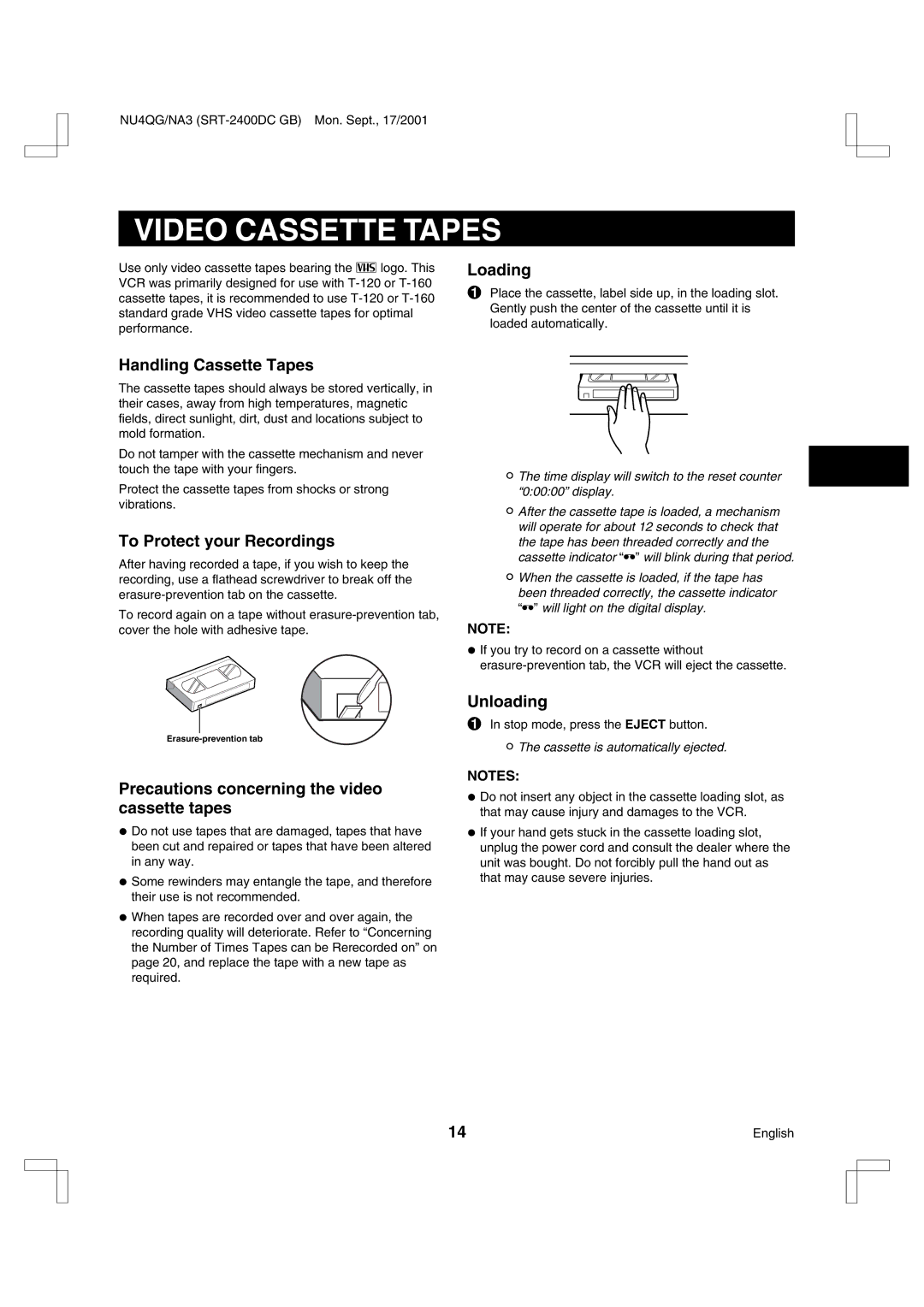 Sanyo SRT-2400DC instruction manual Video Cassette Tapes 