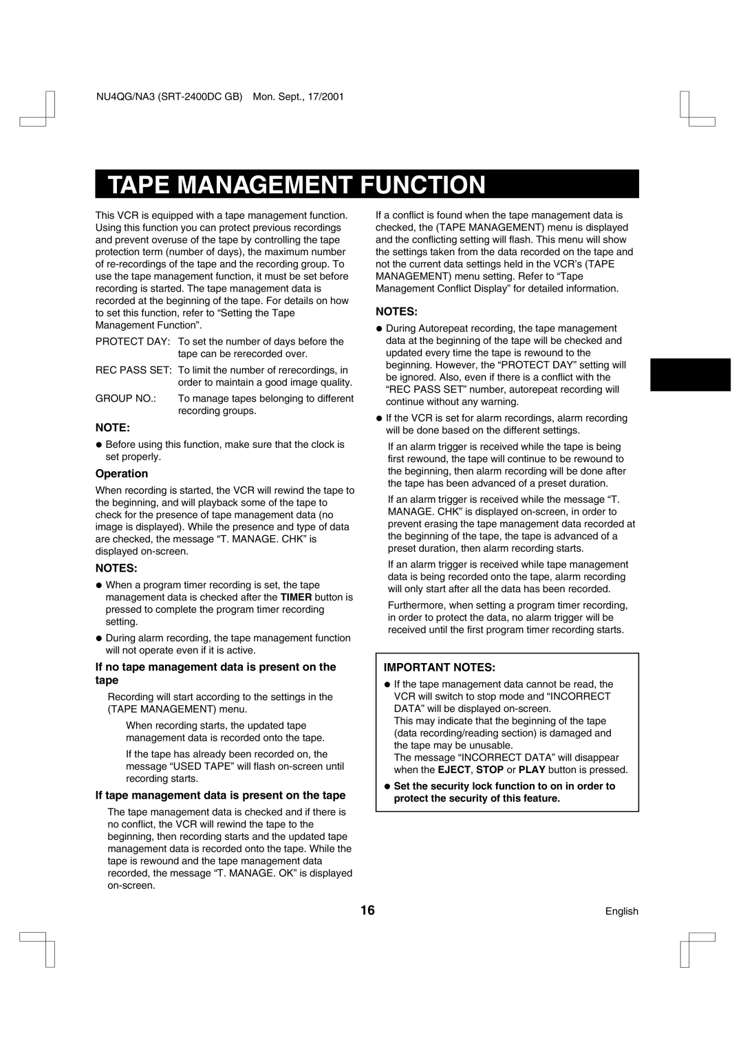 Sanyo SRT-2400DC instruction manual Tape Management Function, Operation, If no tape management data is present on the tape 