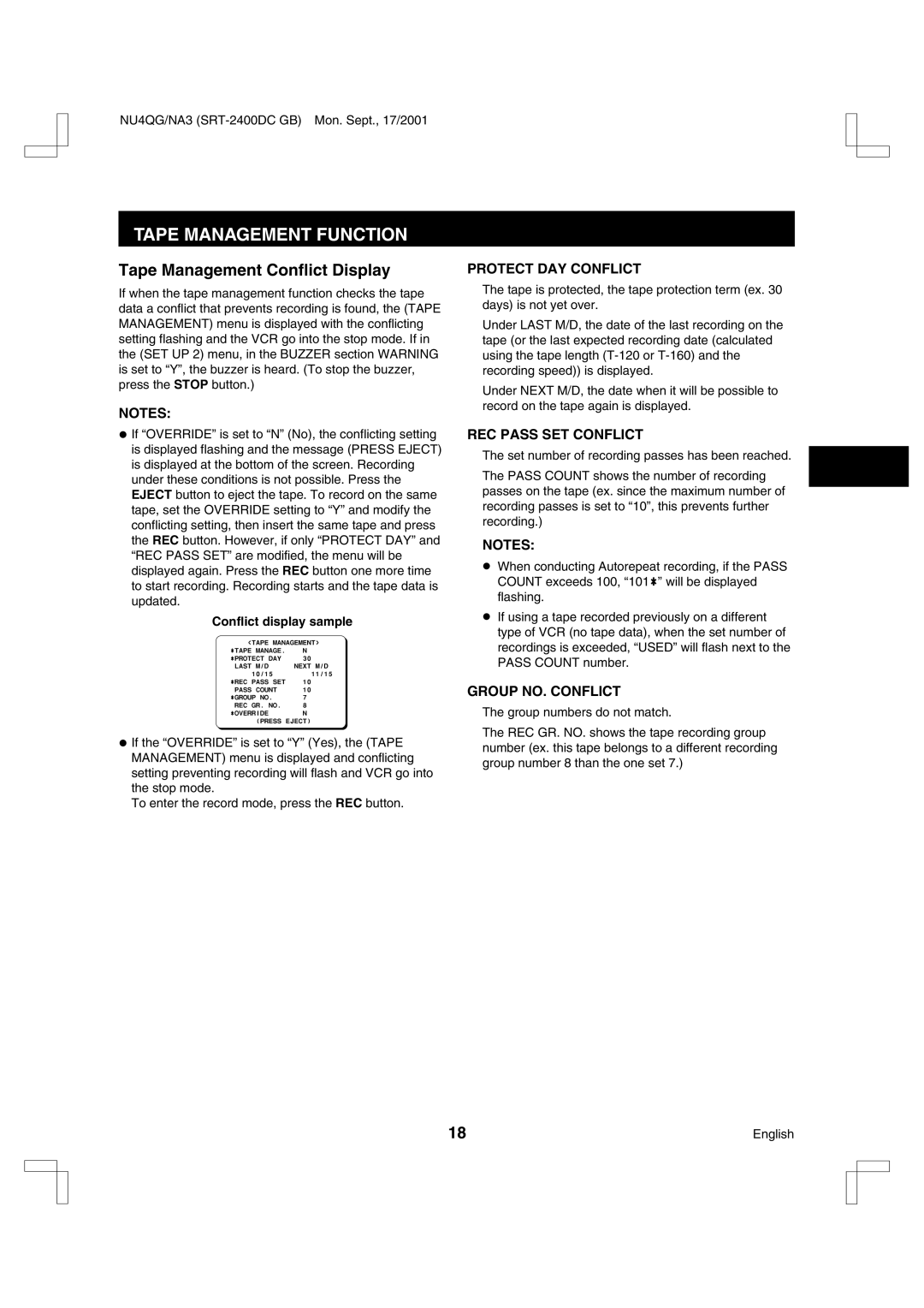 Sanyo SRT-2400DC instruction manual Tape Management Conflict Display, Conflict display sample 