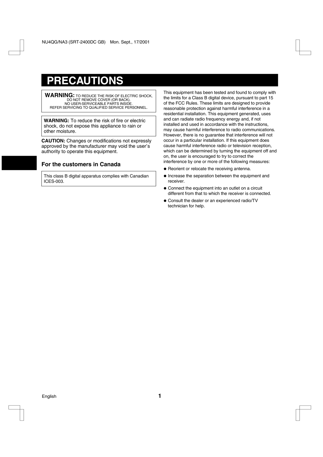 Sanyo SRT-2400DC instruction manual Precautions, For the customers in Canada 