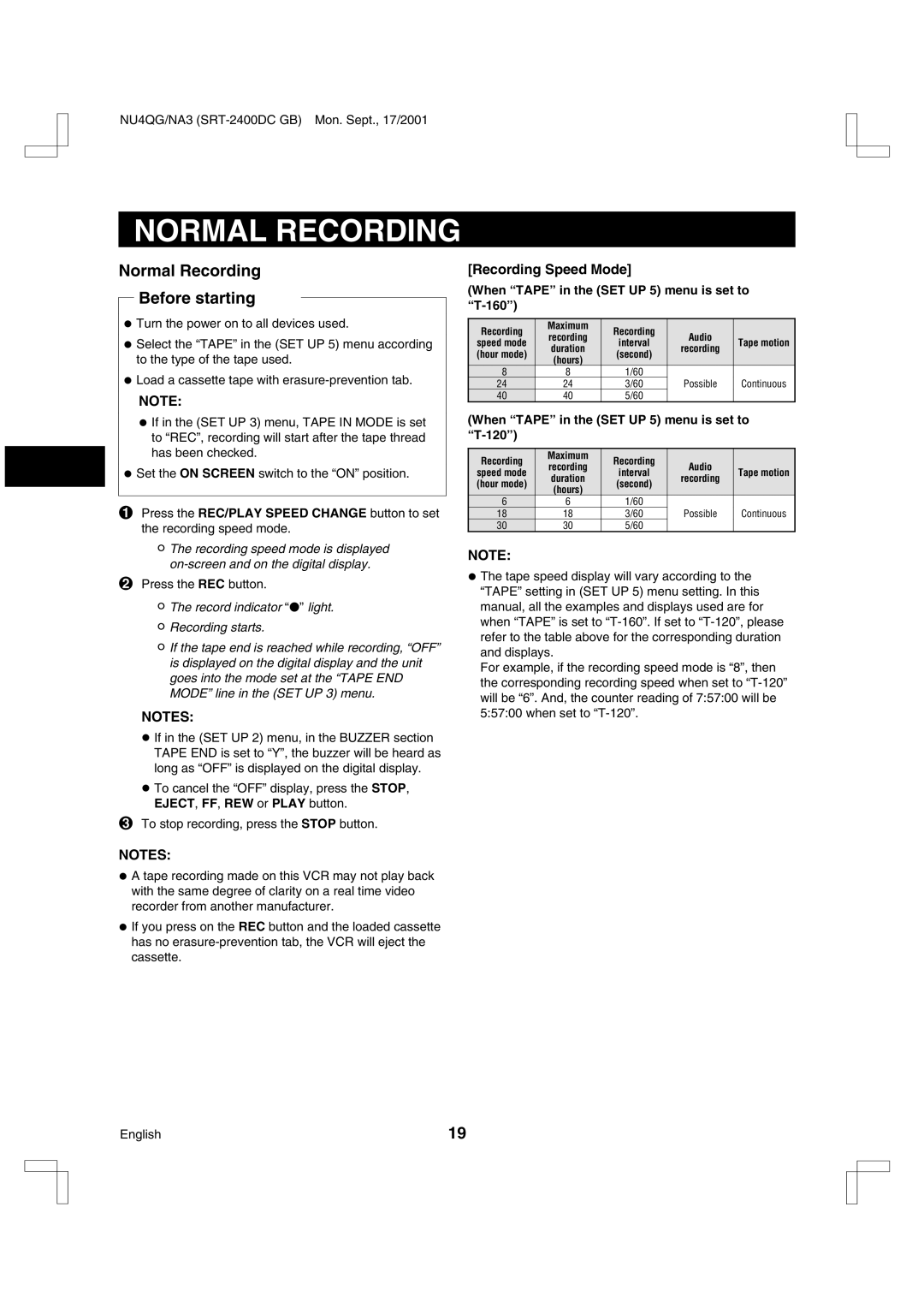 Sanyo SRT-2400DC instruction manual Normal Recording Before starting, Recording Speed Mode 