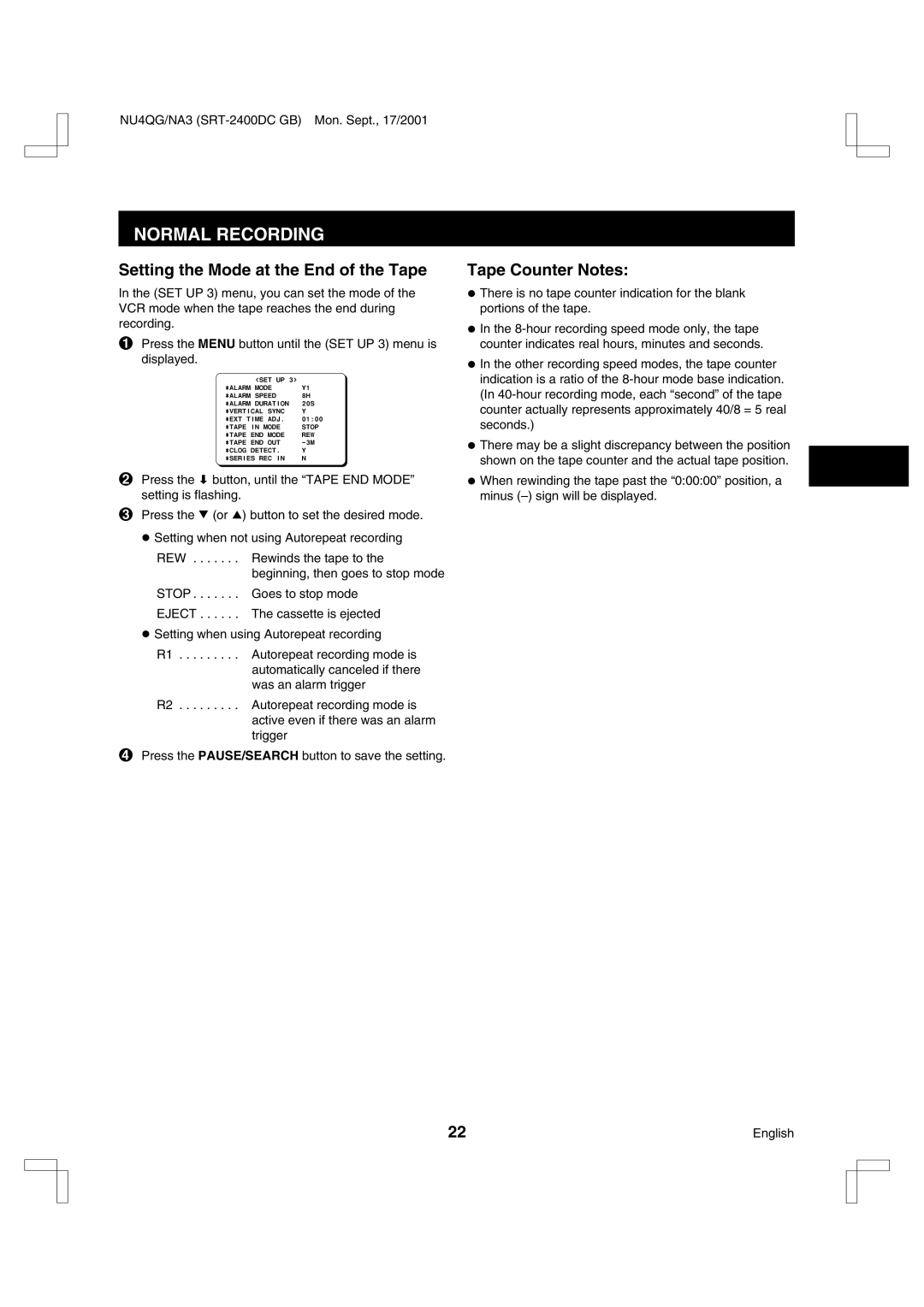 Sanyo SRT-2400DC instruction manual Setting the Mode at the End of the Tape, Tape Counter Notes 