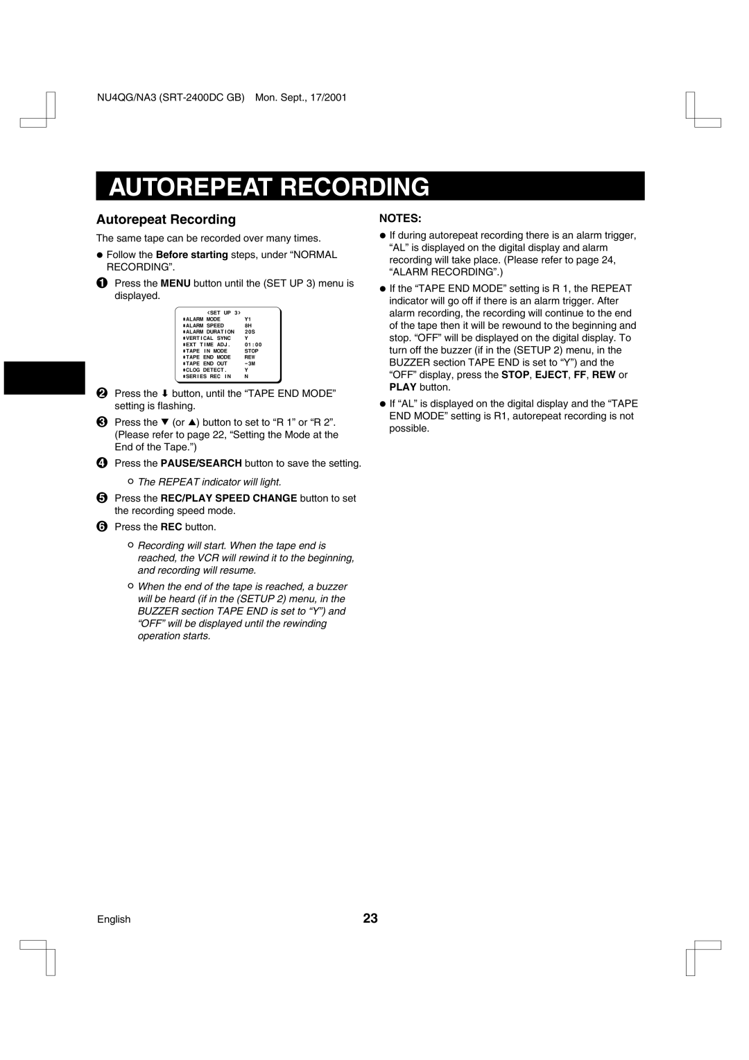 Sanyo SRT-2400DC instruction manual Autorepeat Recording, Repeat indicator will light 