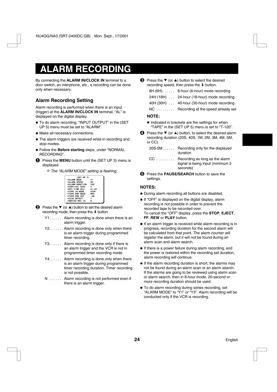 Sanyo SRT-2400DC instruction manual Alarm Recording Setting, Alarm Mode setting is flashing 