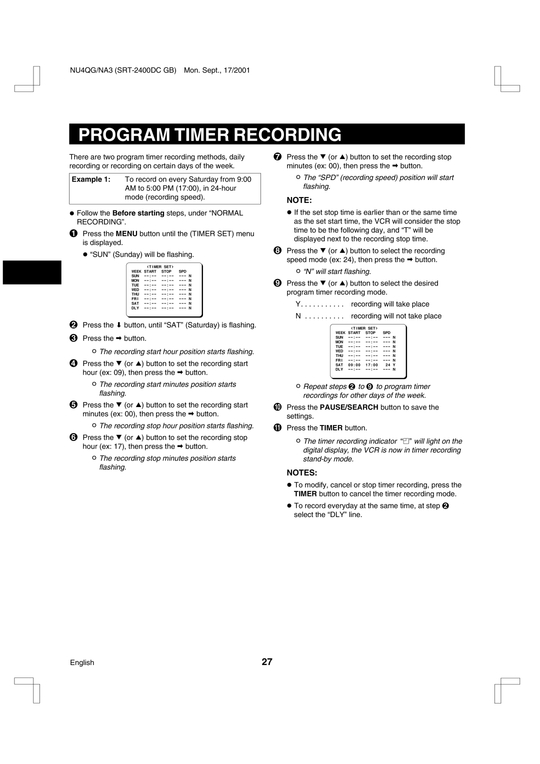 Sanyo SRT-2400DC instruction manual Program Timer Recording 