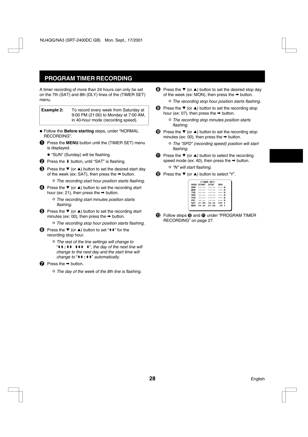 Sanyo SRT-2400DC instruction manual Program Timer Recording, Day of the week of the 8th line is flashing 