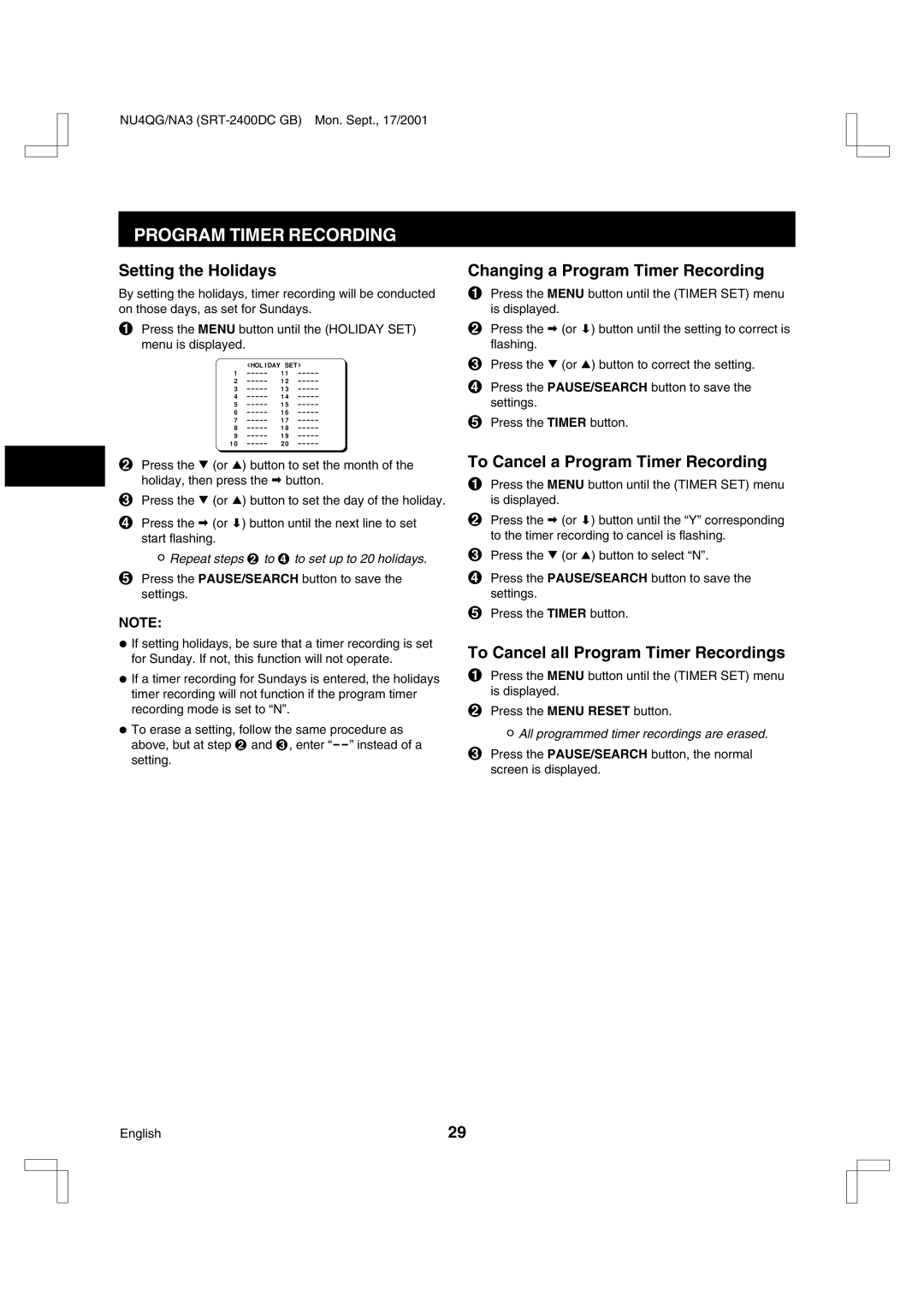 Sanyo SRT-2400DC Setting the Holidays, Changing a Program Timer Recording, To Cancel a Program Timer Recording 