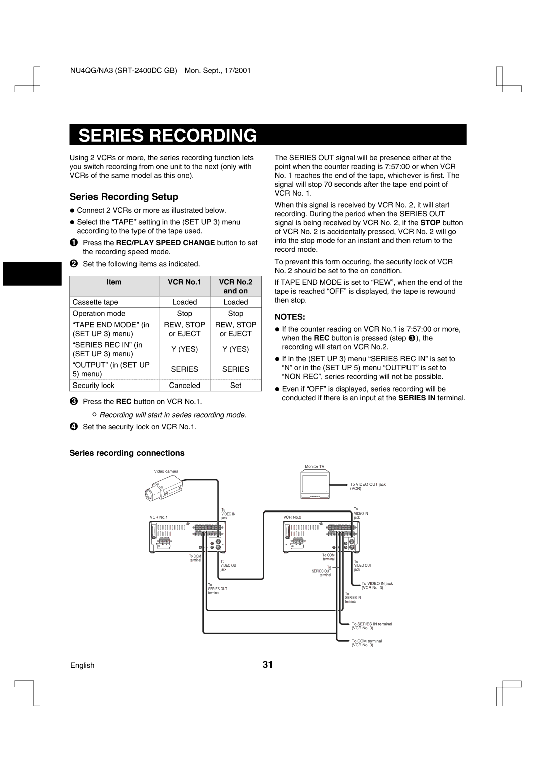 Sanyo SRT-2400DC instruction manual Series Recording Setup, Series recording connections, VCR No.1 VCR No.2 