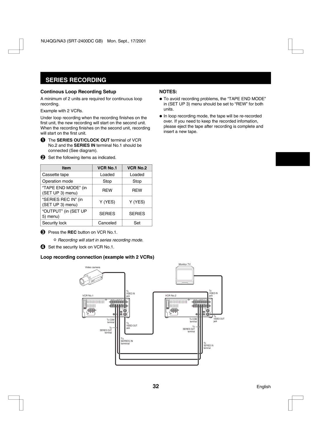 Sanyo SRT-2400DC Series Recording, Continous Loop Recording Setup, Loop recording connection example with 2 VCRs 