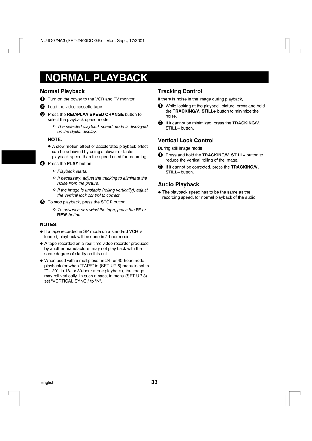 Sanyo SRT-2400DC instruction manual Normal Playback, Tracking Control, Vertical Lock Control, Audio Playback 