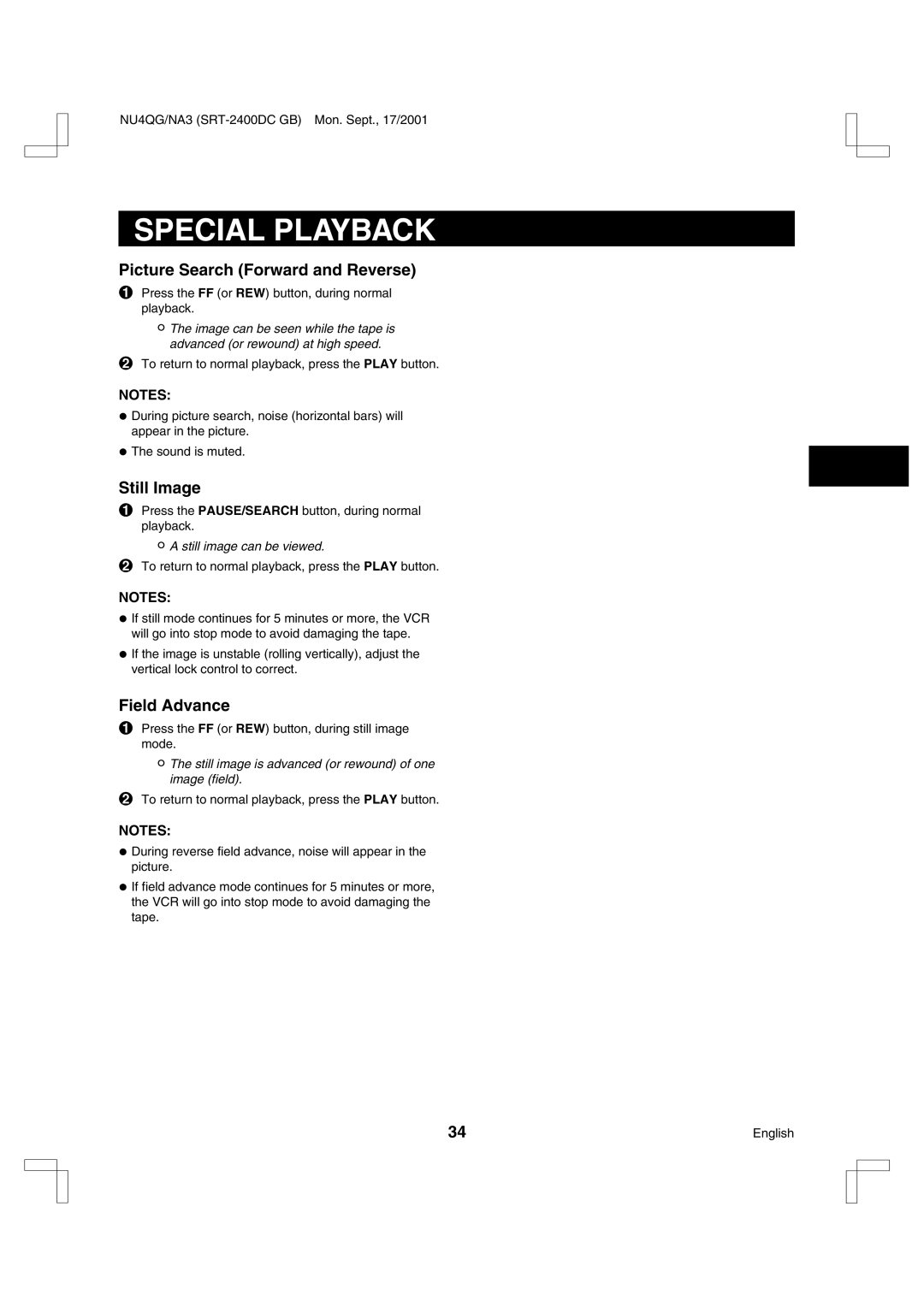 Sanyo SRT-2400DC instruction manual Special Playback, Picture Search Forward and Reverse, Still Image, Field Advance 