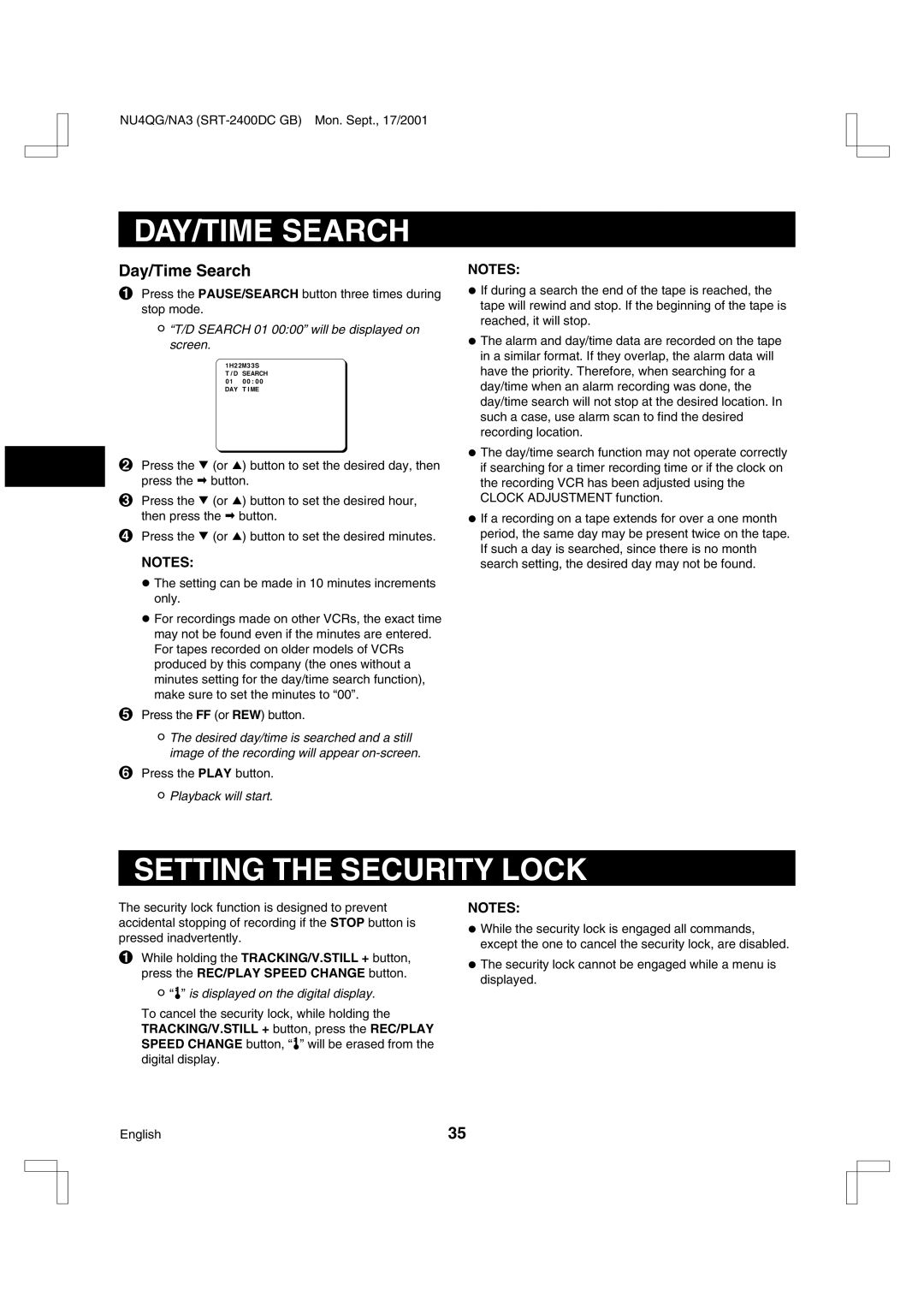 Sanyo SRT-2400DC DAY/TIME Search, Setting the Security Lock, Day/Time Search, Search 01 0000 will be displayed on screen 