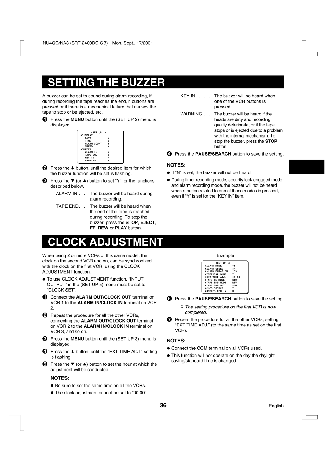 Sanyo SRT-2400DC Setting the Buzzer, Clock Adjustment, Setting procedure on the first VCR is now completed 