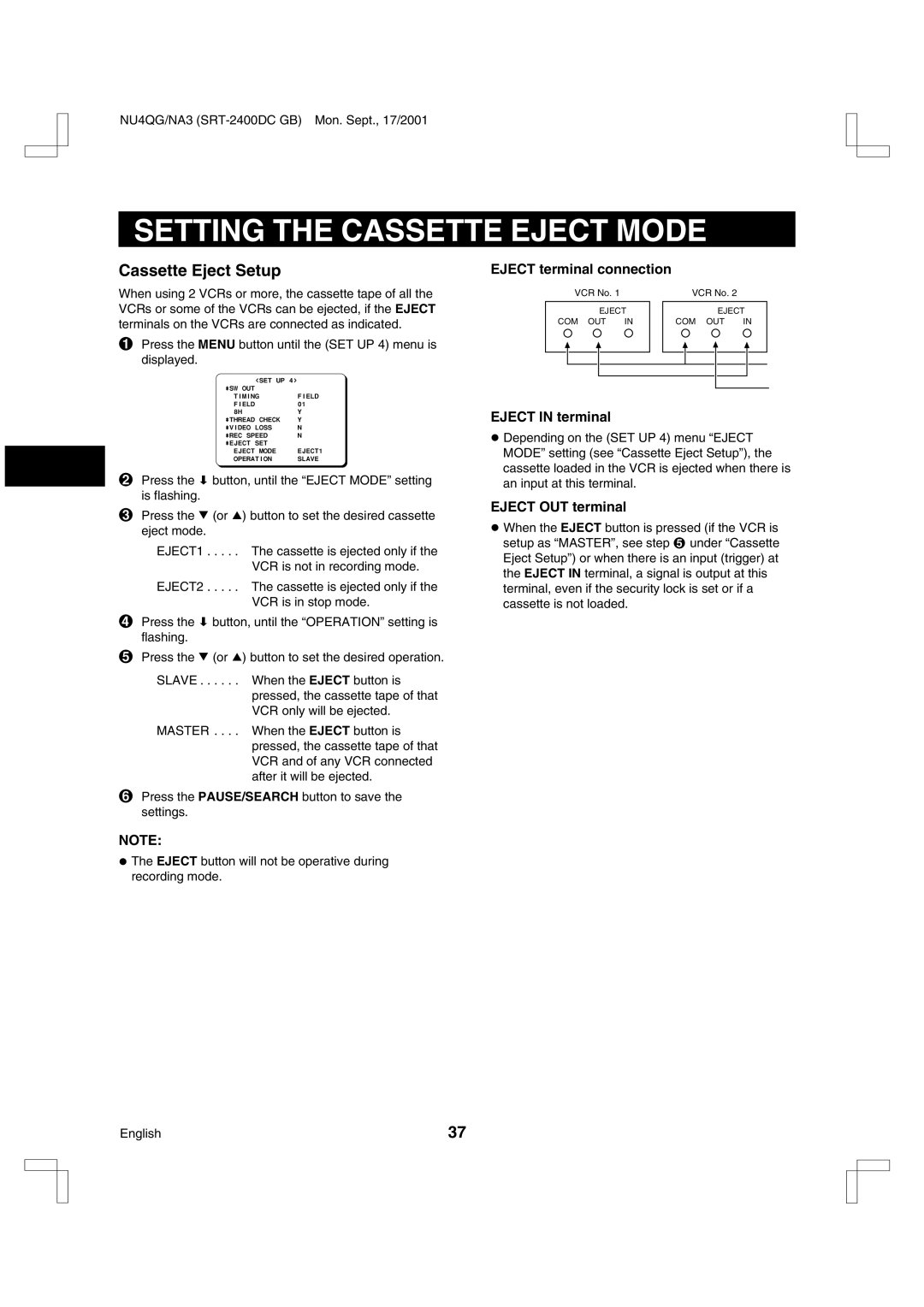 Sanyo SRT-2400DC Setting the Cassette Eject Mode, Cassette Eject Setup, Eject terminal connection, Eject in terminal 