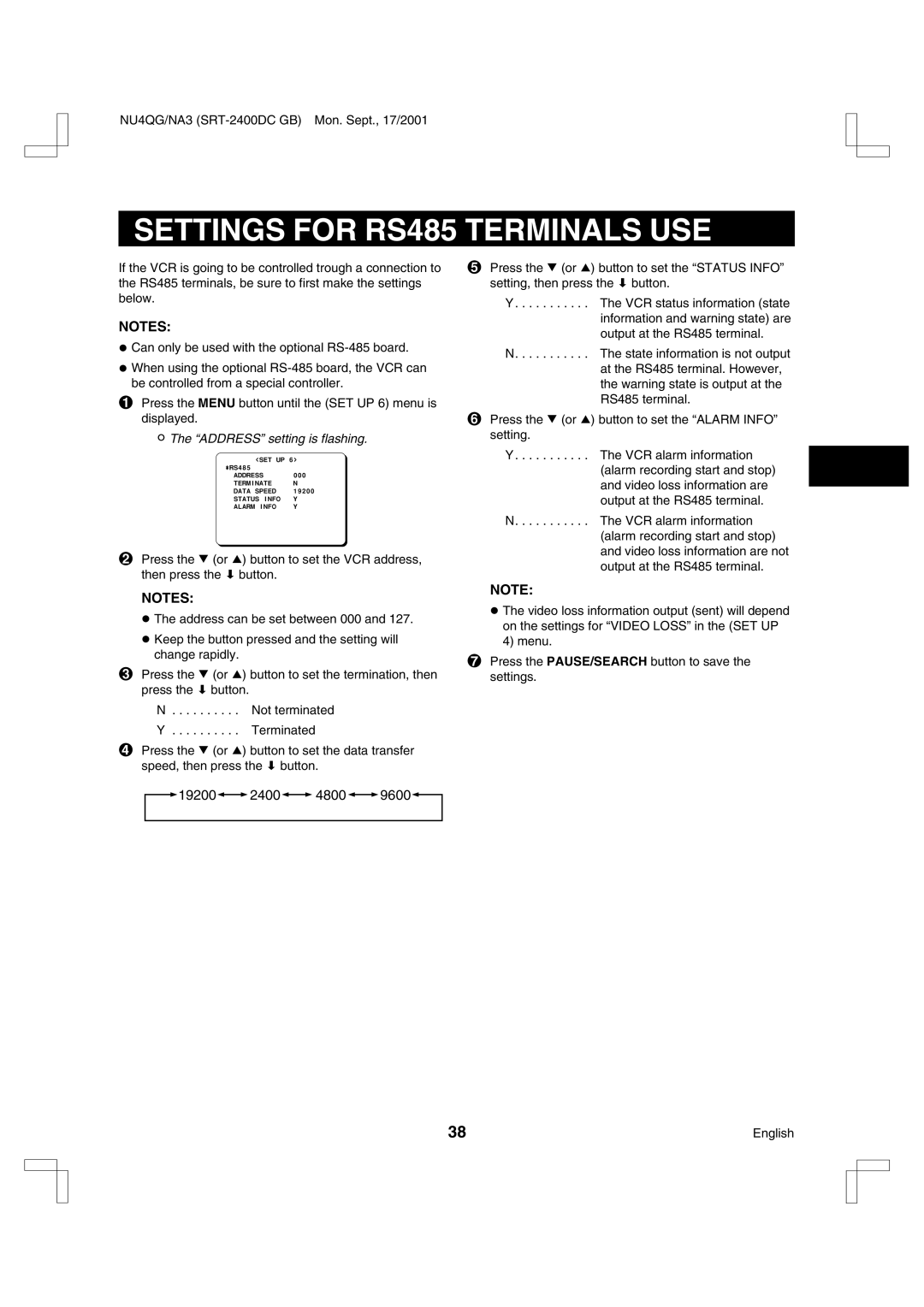 Sanyo SRT-2400DC instruction manual Settings for RS485 Terminals USE, Address setting is flashing 