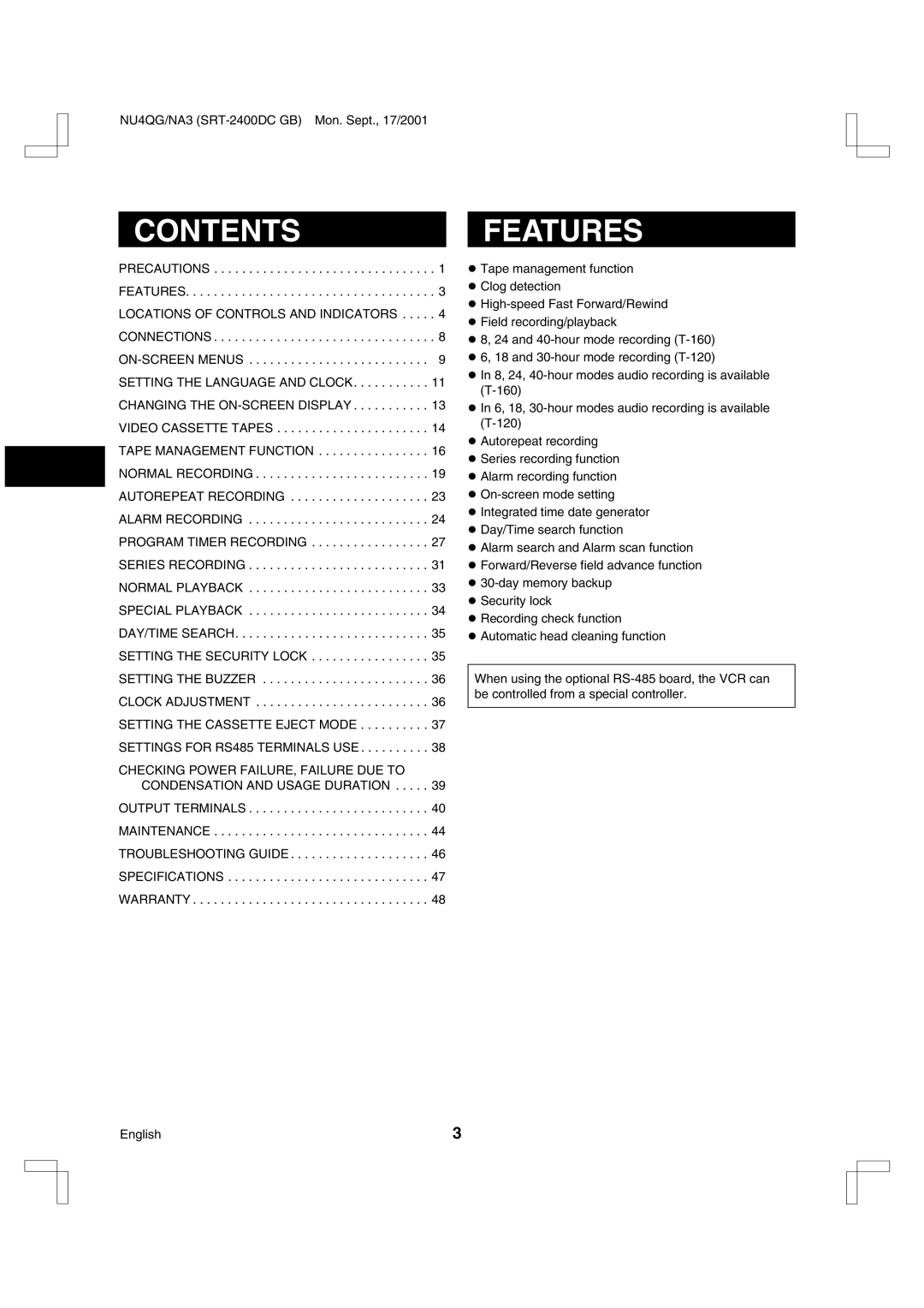 Sanyo SRT-2400DC instruction manual Contents, Features 