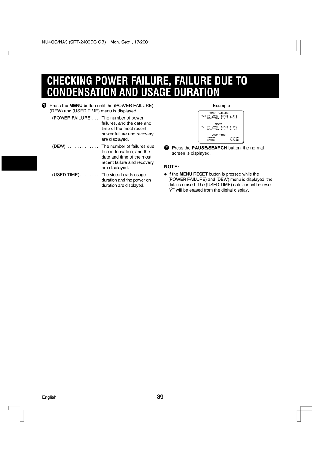 Sanyo SRT-2400DC instruction manual @@@@Power@Failure 