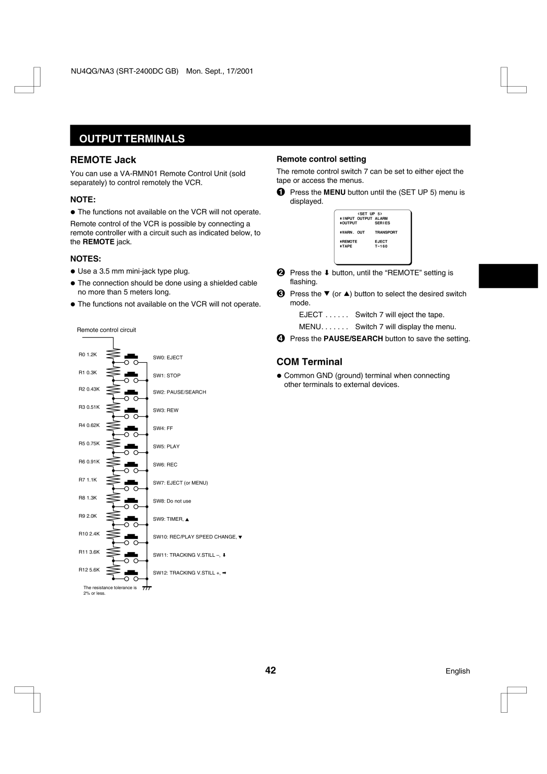 Sanyo SRT-2400DC instruction manual Remote Jack, COM Terminal, Remote control setting 