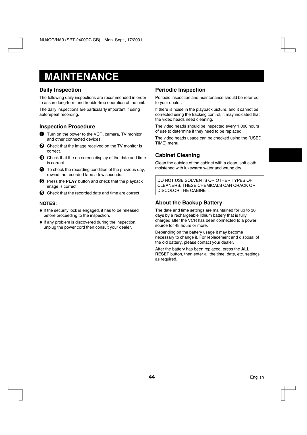 Sanyo SRT-2400DC instruction manual Maintenance 