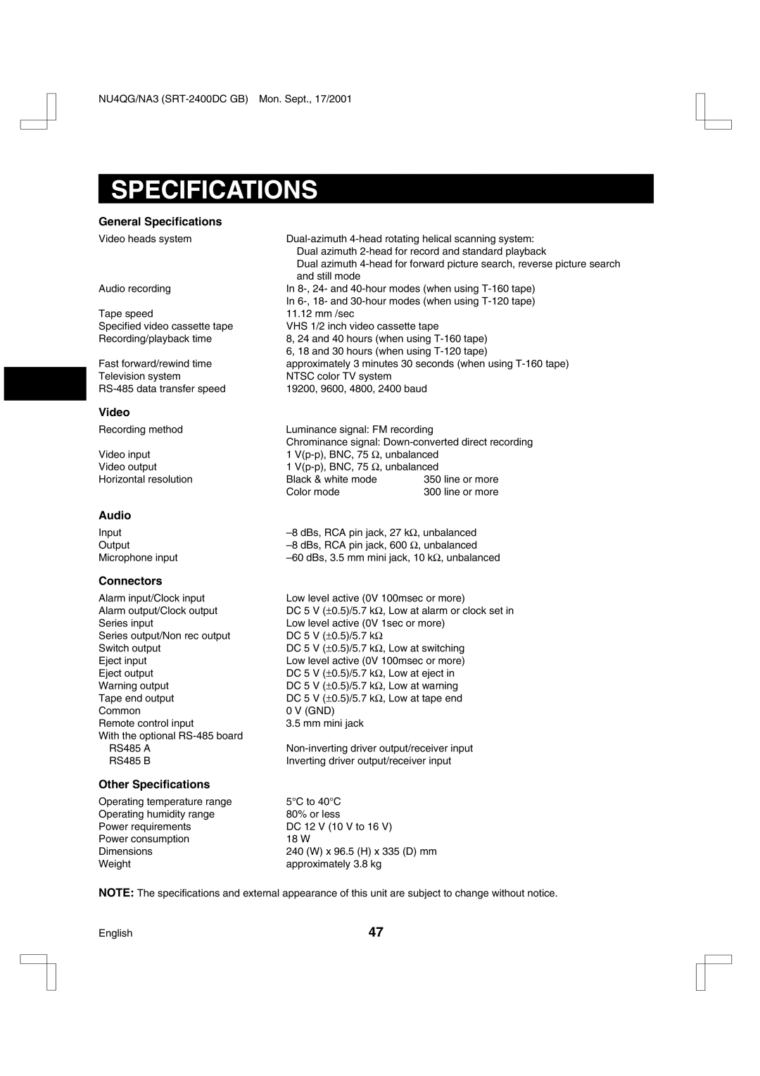 Sanyo SRT-2400DC instruction manual Specifications 