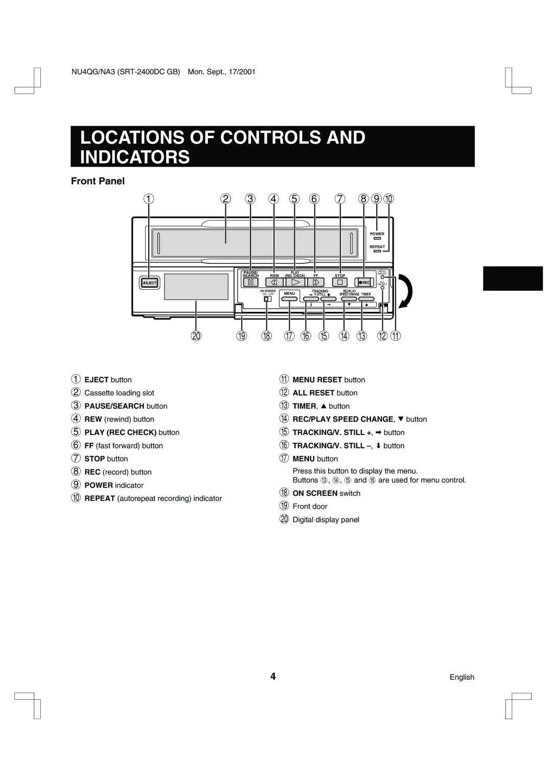 Sanyo SRT-2400DC instruction manual Locations of Controls and Indicators, Front Panel 