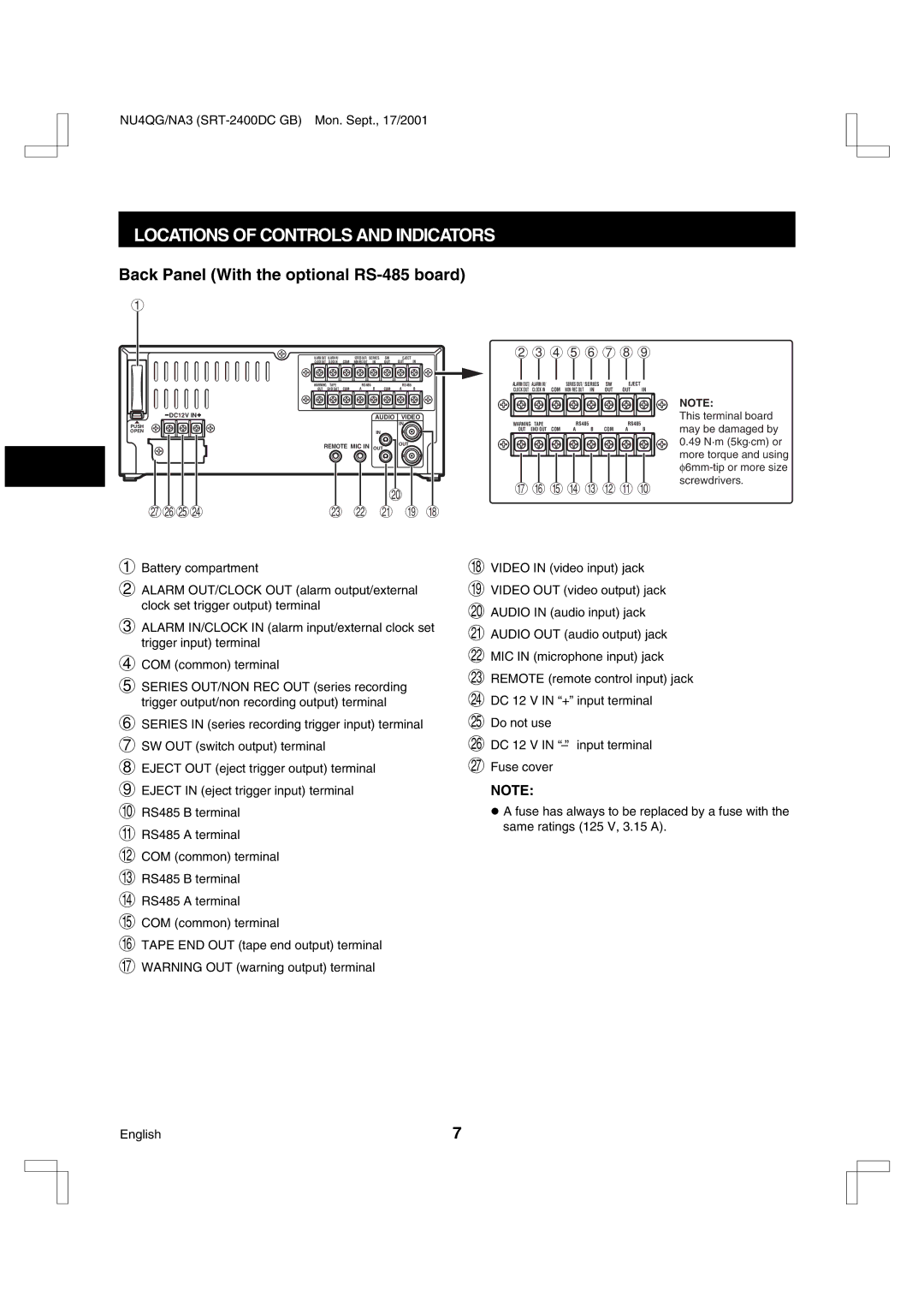 Sanyo SRT-2400DC instruction manual Back Panel With the optional RS-485 board 