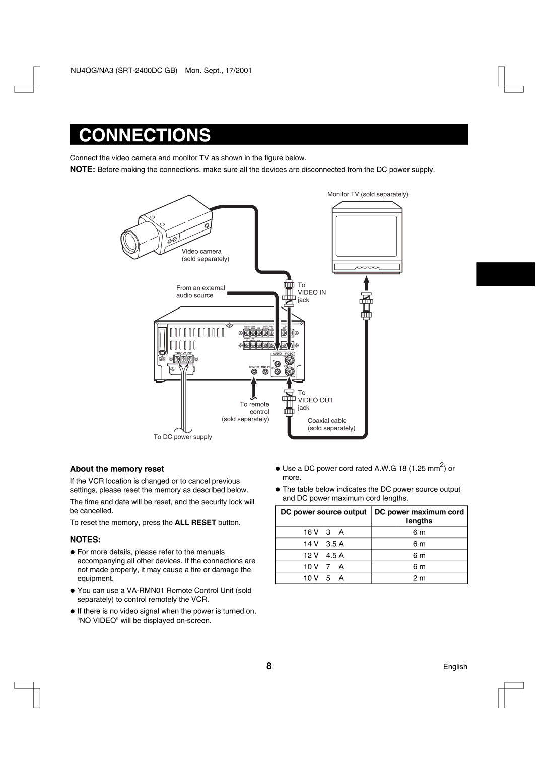 Sanyo SRT-2400DC Connections, About the memory reset, DC power source output DC power maximum cord Lengths 