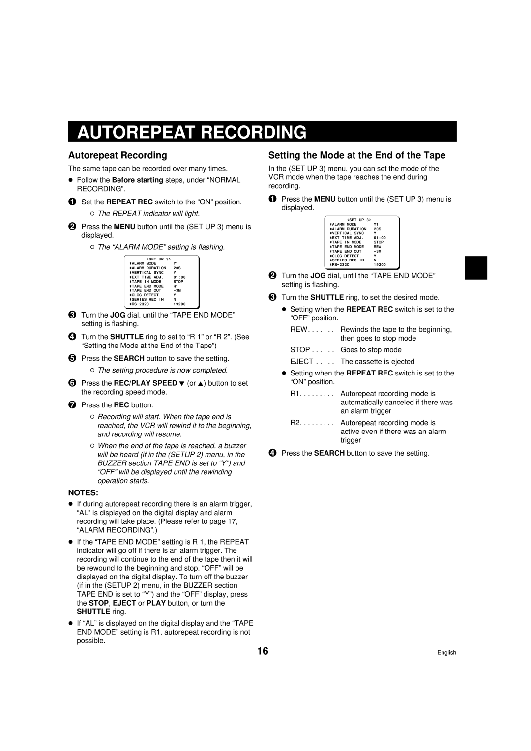 Sanyo srt-6000 Autorepeat Recording, Setting the Mode at the End of the Tape, Repeat indicator will light 