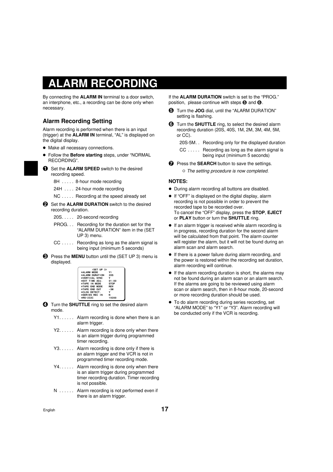 Sanyo srt-6000 instruction manual Alarm Recording Setting 