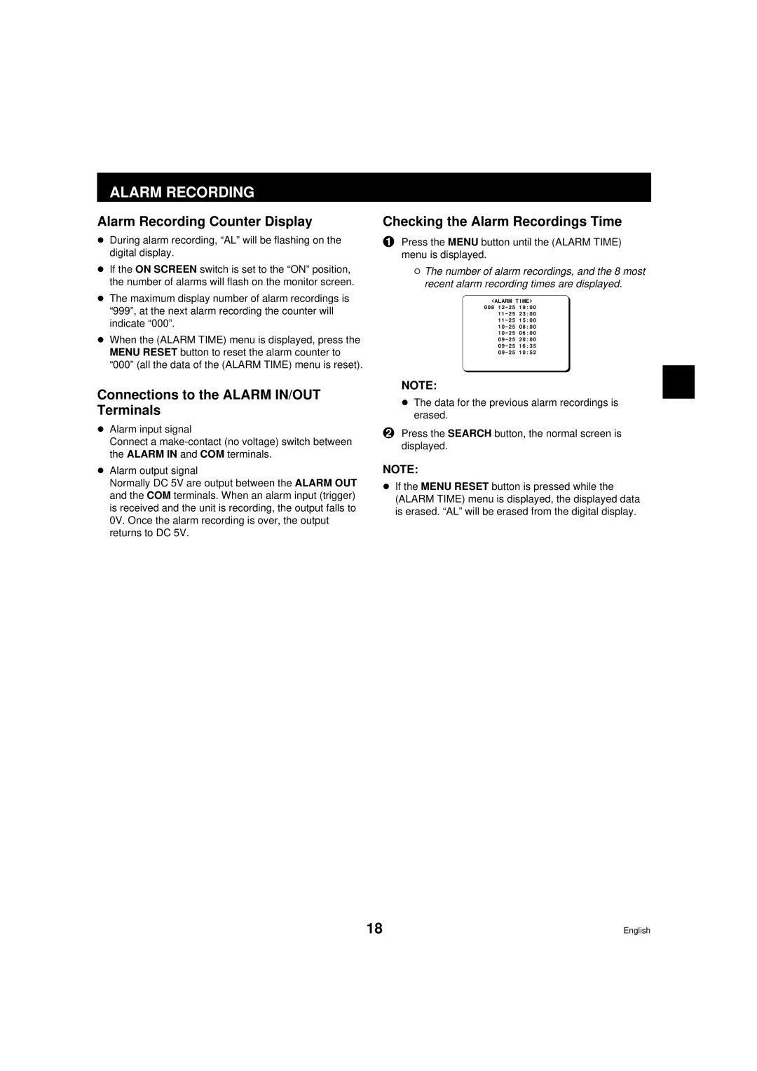 Sanyo srt-6000 instruction manual Alarm Recording Counter Display, Connections to the Alarm IN/OUT Terminals 